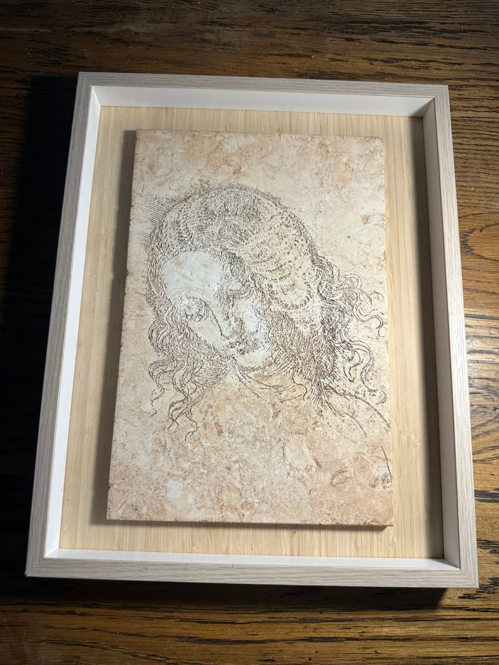 La Scapigliata in umber, large 30x20x1.2 cm, box mount 37x29x3.5 cm