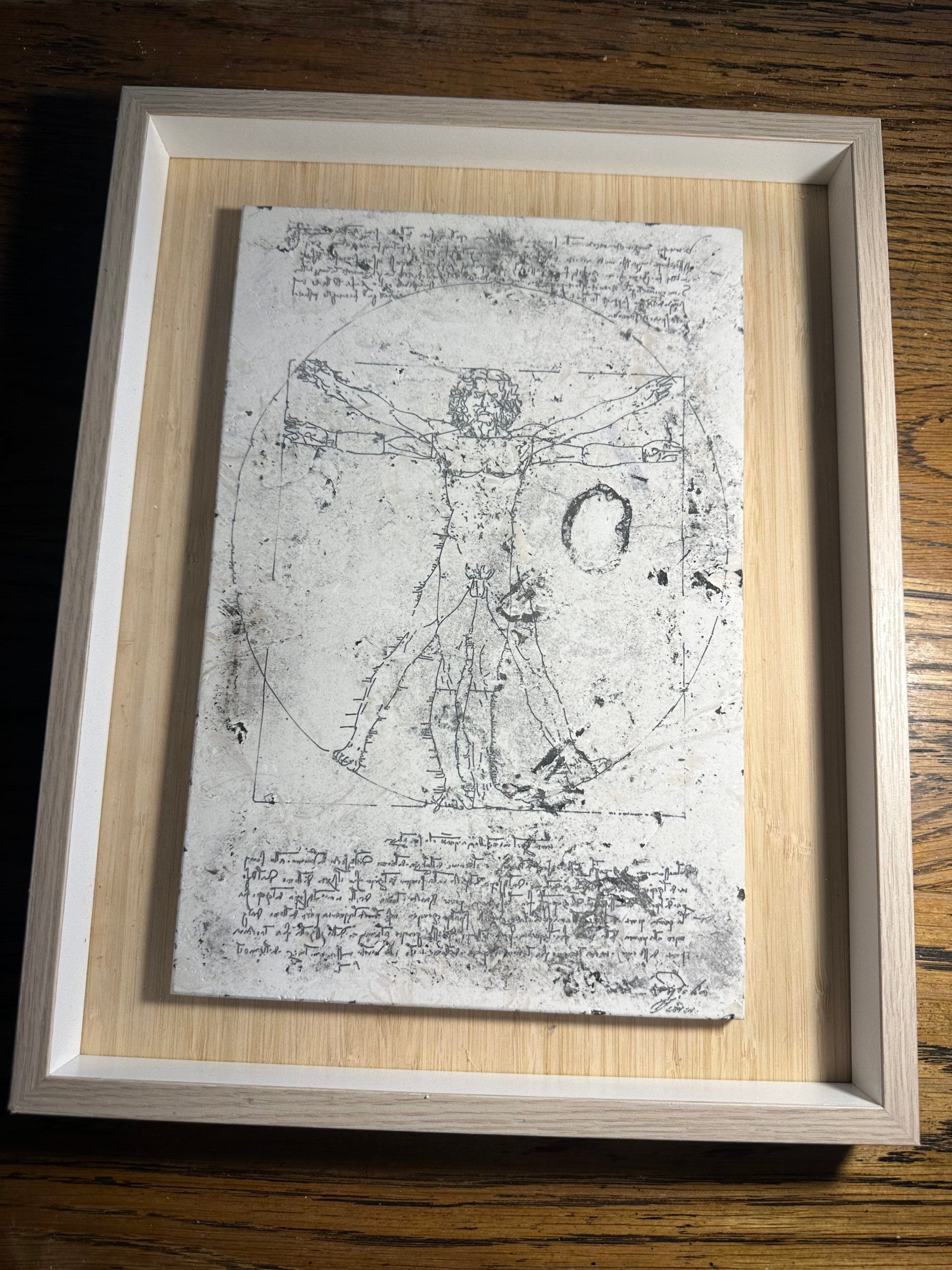 Vitruvian man in Charcoal  large 30x20x1.2cm in box mount 37x29cmmm